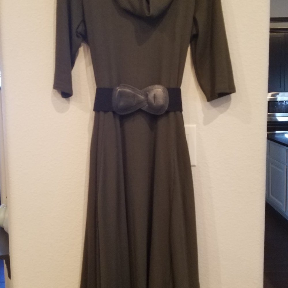 Ribbed Cowl Neck Sharkbite Midi Dress with Belt